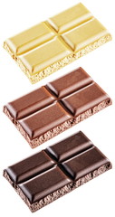 Pieces of different chocolate bar. File contains clipping paths.