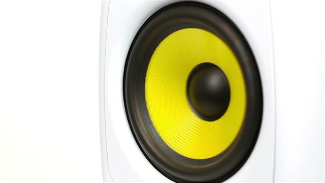 close up of a yellow pumping bass speaker isolated on white background