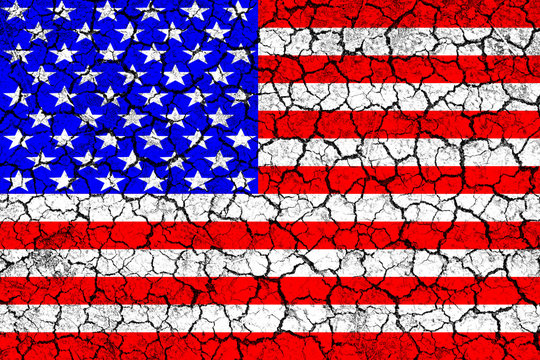Flag of USA painted on cracked wall. Political concept. Old texture. Vintage design. USA flag on cracked earth. Famine and drought. Natural disaster. Front view.