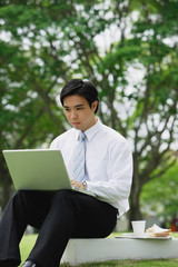 Businessman sitting in park, using laptop