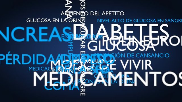 Diabetes, glucose, disease, insulin word tag cloud - blue, Spanish variant, 3D rendering, UHD
