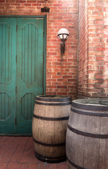 oak barrel with brickwall background