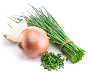 Green onions and bulb onion isolated on the white background.