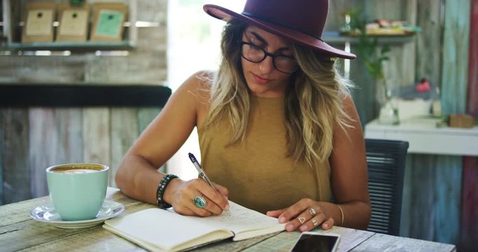 Woman writing in journal in cafe, working in mobile office