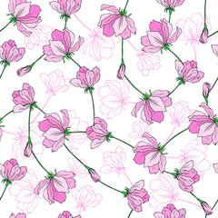 Apple flower tree blossom bud, leaf, branch colorful botanical sketch hand drawn isolated on white, seamless vector pattern for greeting card, package design cosmetic, tea, wedding invitation