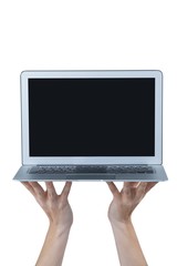 Hands holding laptop against white background