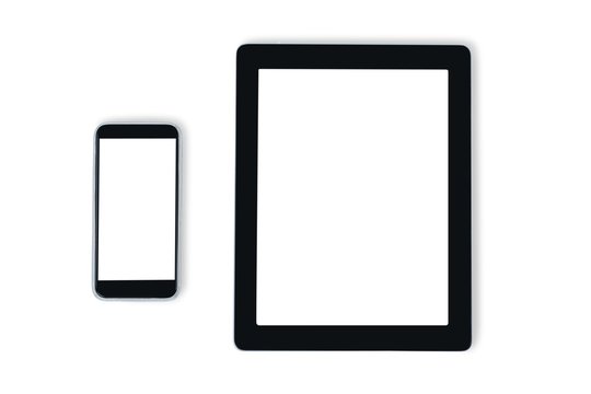 Mobile phone and digital tablet against white background