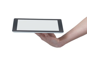 Hand holding digital tablet against white background