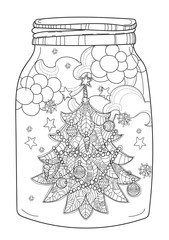 Hand drawn Christmas glass jar with fir