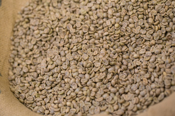 Raw coffee bean showing texture put in urban local sack