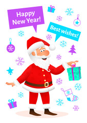 New Year celebration card. Flat funny old man character holding gift on New Year background. Holiday banner or poster template. New Year decoration design. Santa Claus cartoon vector illustration.