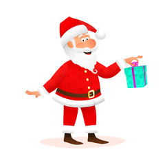 Santa Claus flat character isolated on white background. Standing funny old man is holding Christmas gift with ribbon and smiling. Christmas and New Year cartoon vector illustration.