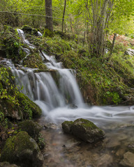 Fototapeta na wymiar Small forest waterfall with the long exposure milky water effect. Copyspace