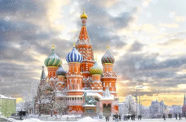 Deurstickers Moskou Moskou, Rusland, Rode plein, uitzicht op de St. Basil& 39 s Cathedral, Russische winter