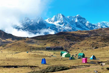 Wall murals Kangchenjunga Campsite with tents on the top of high mountains