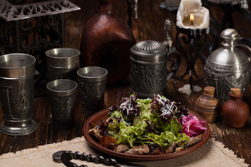 salad with meat, lettuce, and onion