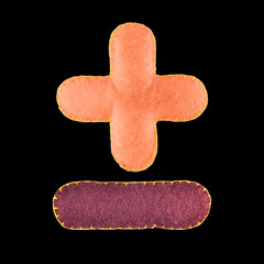 Handmade plus minus sign from felt. Collection of colorful handmade English alphabet isolate on Black background