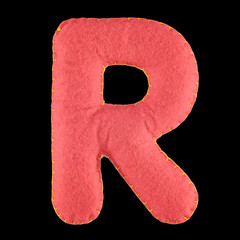 R- letter from red felt. Collection of colorful handmade English alphabet isolate on black...