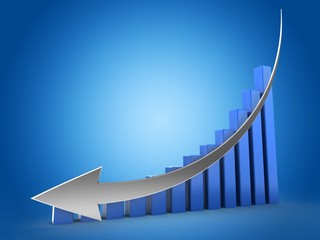3d illustration of blue charts over blue background with down silver arrow