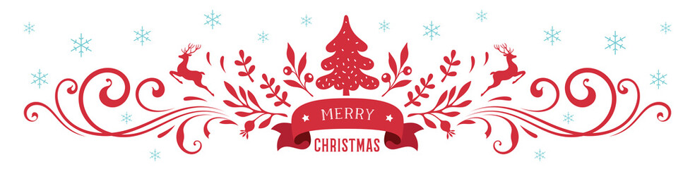 Merry Christmas horizontal banner with ornate decoration, snowflakes and deers. Vector illustration.