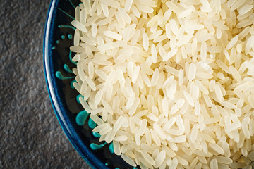 White rice in a blue authentic bowl