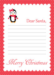 cartoon letter to santa with winter penguin