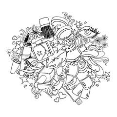Sketch Cartoon Illustration With Decorative Cosmetics.