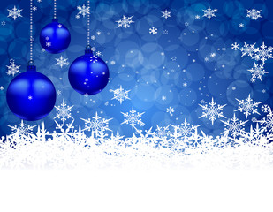 Three blue shiny ball on a beautiful Christmas background. Hang among snowflakes. Christmas tree toy. illustration