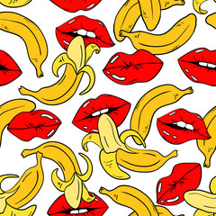 Seamless Pattern Of Female Lips And Banana Fruits.