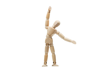 Wooden man practices yoga and fitness