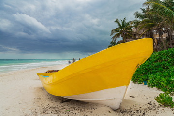 Boat on the shore of the island. Storm, Carribean