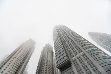 Downtown skyscrapers under the fog upward view at the Puerto Madero.