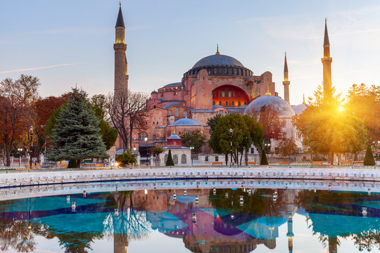 Hagia Sophia in Istanbul. The world famous monument of Byzantine architecture. View of the St. Sophia Cathedral at sunrise