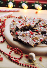 Christmas dessert food idea - festive chocolate with pomegranate seeds, gingerbread cookie and christmas candy cane, selective focus