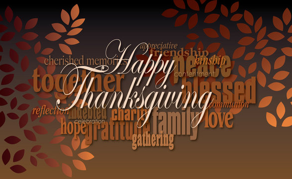 Happy Thanksgiving word montage with leaves/Graphic digital word montage illustration for possible use as Thanksgiving holiday greeting card