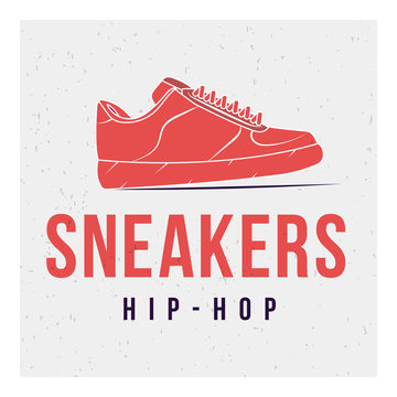 Red shoes on grey background and the words: sneakers and hip-hop. Vector image. The concept of street art. Vintage. Can be used as graffiti, prints, posters, printed materials.