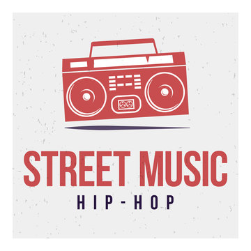 Red tape Boombox on a gray background and the words: street music and hip-hop. Vector image. The concept of street art. Vintage. Can be used as graffiti, prints, posters, printed materials.