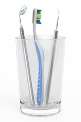 toothbrush and dental tools in glass, 3D rendering