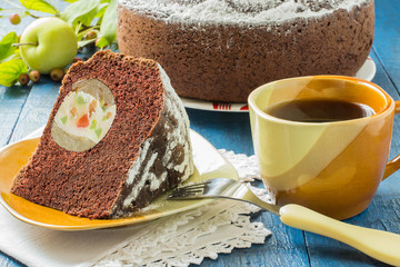 Chocolate cake with whole apples, curd and candied fruit