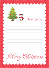 cartoon letter to santa with christmas fir tree and winter penguin