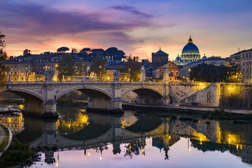 Zelfklevend Fotobehang St. Peter's cathedral (Basilica di San Pietro) and bridge (Ponte Vittorio Emanuele II) over river Tiber in the evening after sunrise, Rome, Italy, Europe © AR Pictures