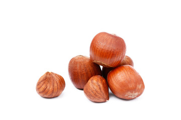 Group healty hazelnuts isolated on white background