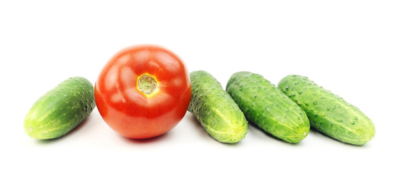 Tomato and cucumber isolated on a white background