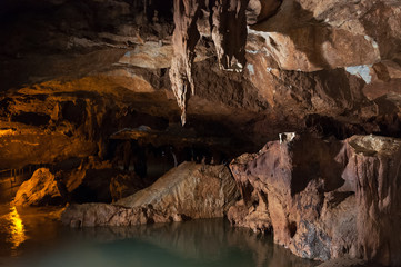 Stalactites, other cave formations and underground lake
