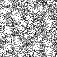 Doodle style floral garden seamless pattern. Vector illustration, coloring book
