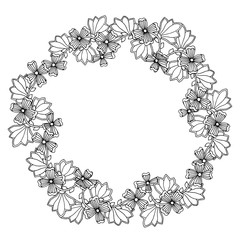 Ornamental floral frame with space for text, greeting card template or coloring book page, circle in square. Vector illustration