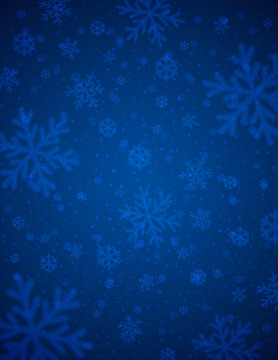 Blue  background with white blurred snowflakes, vector