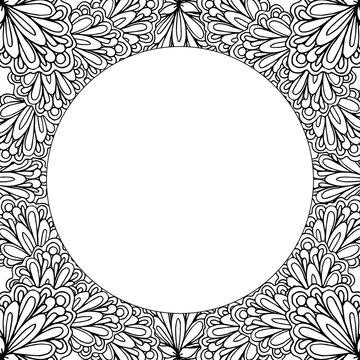 Ornamental floral frame with space for text, greeting card template or coloring book page, circle in square. Vector illustration