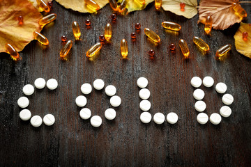 concept cold - treatment with hot tea and medecine