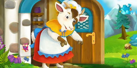 Cartoon scene of mother goat in front of village house - illustration for children